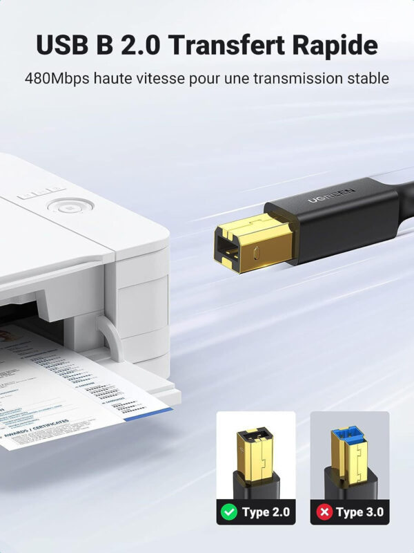 Câble Ugreen imprimante USB 2.0 vers USB B Mâle - 3 mètres (10351) – Image 3