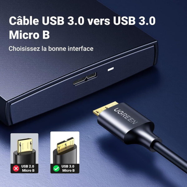 Câble Ugreen USB 3.0 vers Micro USB-B - 0.5 mètre (10840) – Image 2