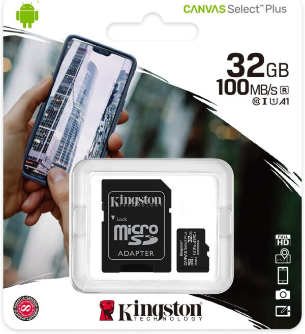 Carte mémoire Kingston Canvas Select Plus 32 Go MicroSDHC UHS-I Classe 10 (SDCS2/32GB)