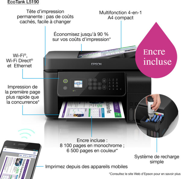 Epson EcoTank L5190 Imprimante multifonction à réservoirs rechargeables (C11CG85404) – Image 5