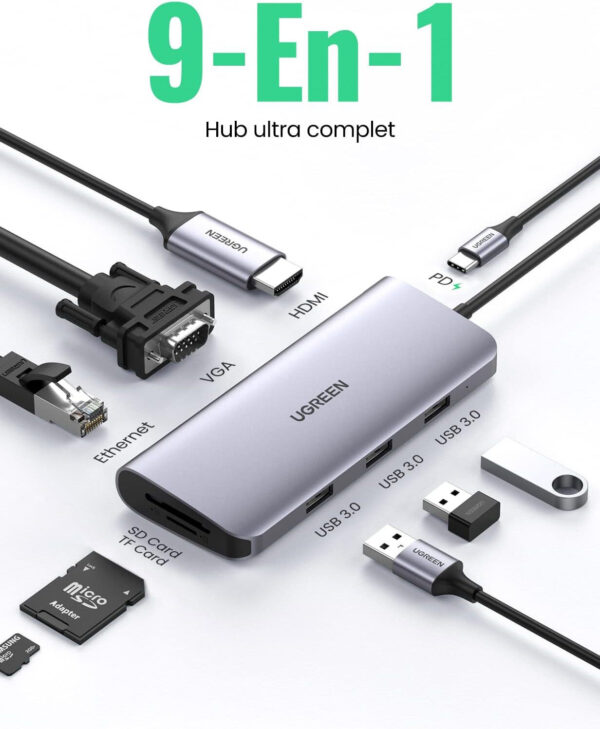 Prix Hub USB-C Ugreen 9 en 1 Dock Multi Ports Supporte PD (Power Delivery) (40873) -  -  – Image 2