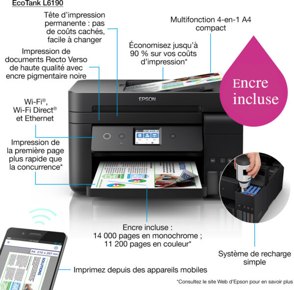 Prix Epson EcoTank L6190 Imprimante multifonction à réservoirs rechargeables (C11CG19403) -  -  – Image 4