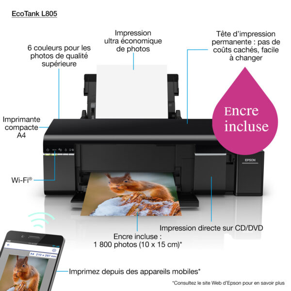 Prix Epson EcoTank L805 Imprimante Photo à 6 réservoirs rechargeables (C11CE86402) -  -  – Image 5