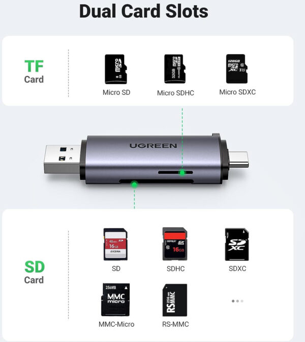 Lecteur de Carte SD Ugreen USB C USB 3.0 2 en 1 Adaptateur de Carte SD en Aluminium (50706) – Image 2