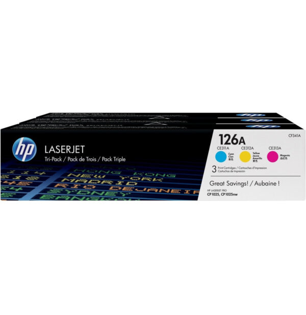 Prix HP 126A Cyan/Magenta/Jaune (CF341A) - Pack de 3 toners couleur HP LaserJet d'origine -  3529.00 -  3529.00