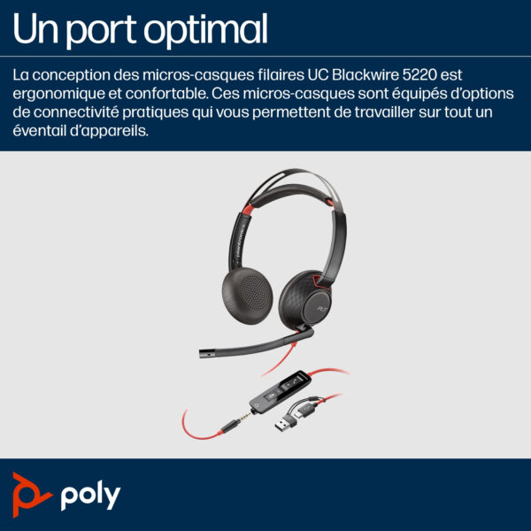 Micro-casque POLY Blackwire 5220 stéréo USB-C + connexion 3,5 mm + adaptateur USB-C/A (8X231AA) – Image 3