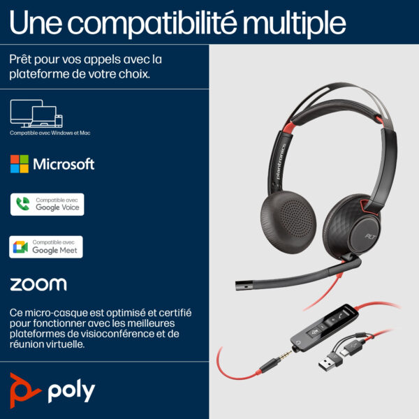 Micro-casque POLY Blackwire 5220 stéréo USB-C + connexion 3,5 mm + adaptateur USB-C/A (8X231AA) – Image 4