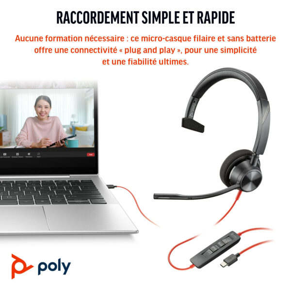 Prix POLY Micro-casque Blackwire 3310 monaural USB-C + adaptateur USB-C/A (8X215AA) -  -  – Image 2