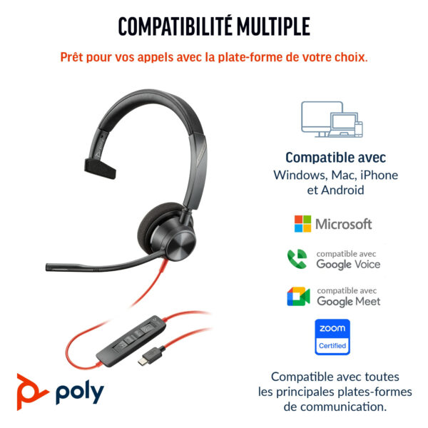 Prix POLY Micro-casque Blackwire 3310 monaural USB-C + adaptateur USB-C/A (8X215AA) -  -  – Image 5