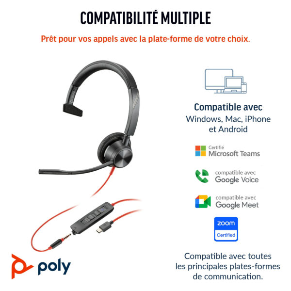 Prix POLY Micro-casque Blackwire 3315 monaural USB-C + connexion 3,5 mm + adaptateur USB-C/A (8X217AA) -  -  – Image 2