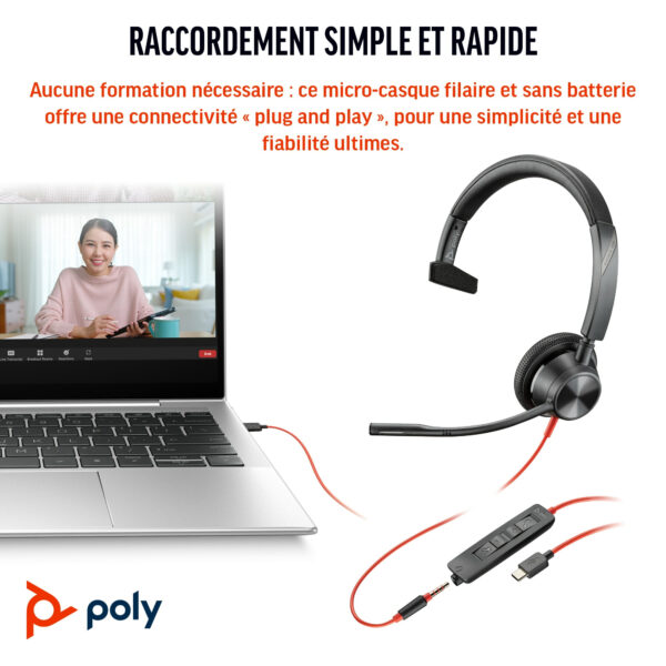 Prix POLY Micro-casque Blackwire 3315 monaural USB-C + connexion 3,5 mm + adaptateur USB-C/A (8X217AA) -  -  – Image 3