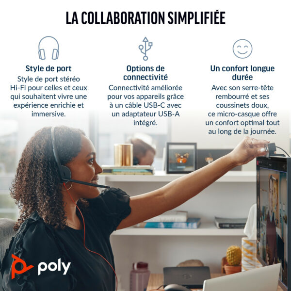 POLY Micro-casque Blackwire 3320 stéréo USB-C + adaptateur USB-C/A (8X219AA) – Image 4