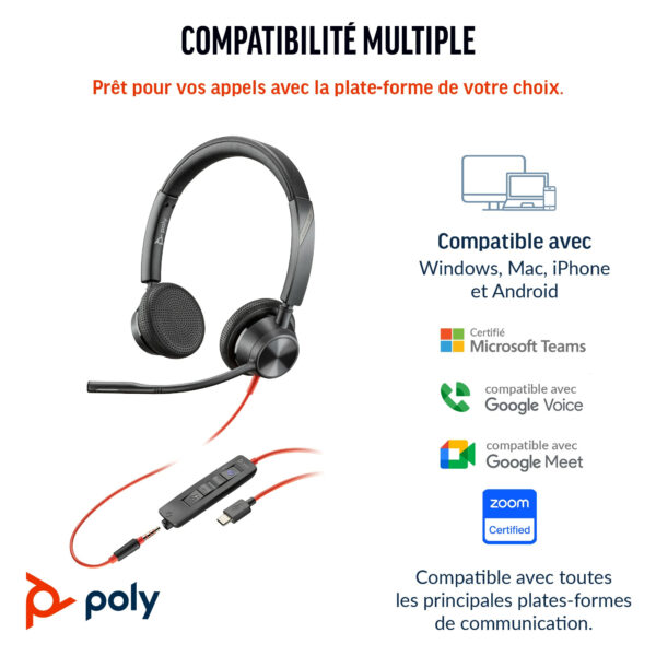 Prix POLY Micro-casque Blackwire 3325 stéréo USB-C certifié Microsoft Teams + connexion 3,5 mm + adaptateur USB-C/A (8X222AA) -  -  – Image 3