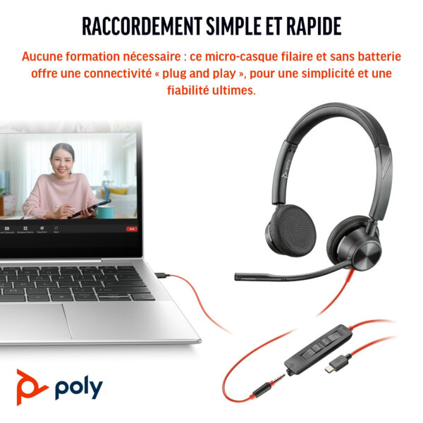 Prix POLY Micro-casque Blackwire 3325 stéréo USB-C certifié Microsoft Teams + connexion 3,5 mm + adaptateur USB-C/A (8X222AA) -  -  – Image 6